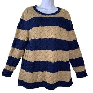 Lands’ End Women's L Sweater Cable Knit Blue Brown Stripe Crew Neck Fisherman